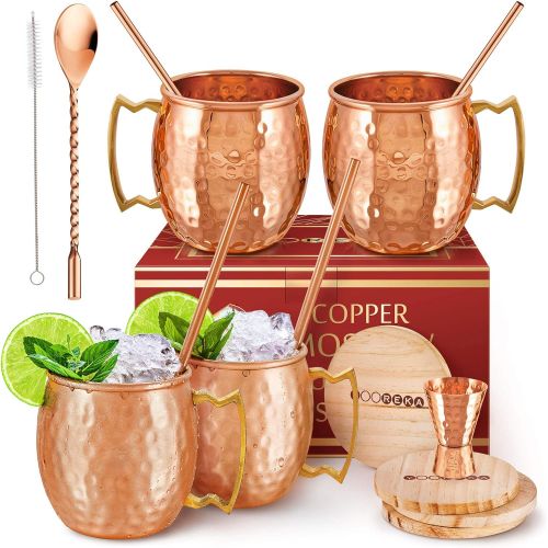  [아마존베스트][Gift Set] Moscow Mule Mugs Set Of 4 16 oz Pure Solid Genuine , HANDCRAFTED , Copper Cups , BONUS , Straws, Wood Coasters , Stirring Spoon, Cleaning brush , and Jigger , by Yooreka