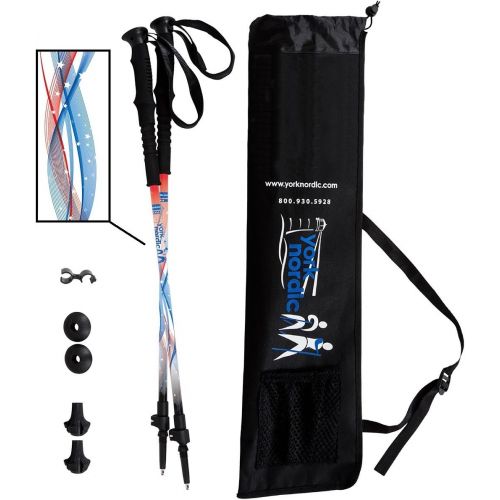  York Nordic Stars & Stripes Walking Poles - Red, White, and Blue Design - Choice of Grips - 2 Poles, Tips & Bag