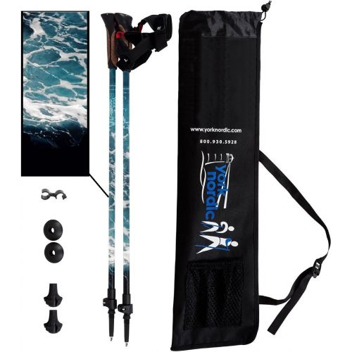  York Nordic Adjustable Walking Poles - Lightweight, Adjustable, and Collapsible - Includes Rubber Feet and Travel Bag - Ocean Design - Great for Walking - 8 Ounces - Nordic Grips