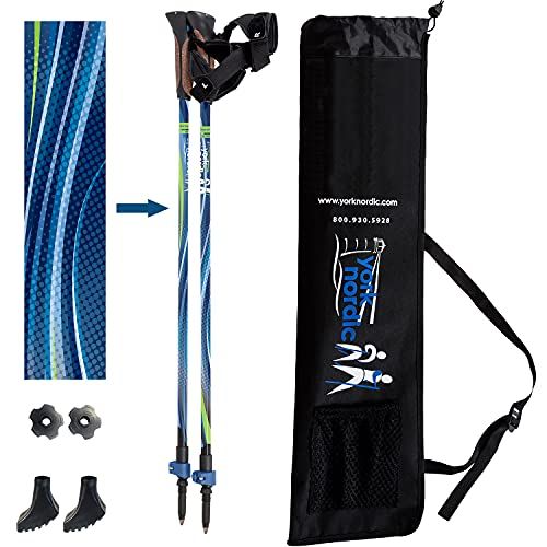  York Nordic Blue Breeze Design Hiking & Walking Poles - Lightweight, Adjustable, and Collapsible - w/flip Locks, Detachable feet and Travel Bag - Pair