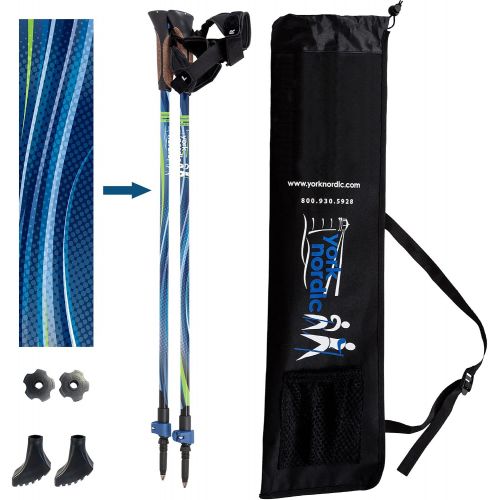  York Nordic Blue Breeze Design Hiking & Walking Poles - Lightweight, Adjustable, and Collapsible - w/flip Locks, Detachable feet and Travel Bag - Pair