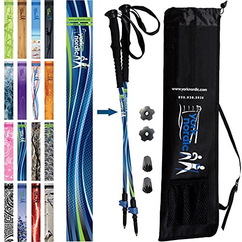  York Nordic Blue Breeze Hiking & Walking Poles w/flip Locks, Detachable feet Travel Bag - Pair