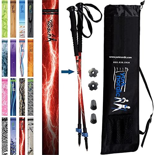  York Nordic Red Burner Design Hiking & Walking Poles - Lightweight, Adjustable, and Collapsible - 2 Pack - Adjustable Pair w/flip Locks, Detachable feet and Travel Bag