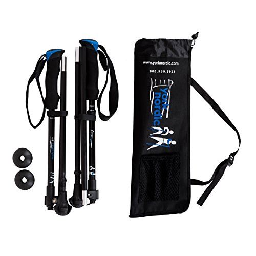  York Nordic Short (53 to 57 Tall) Ultralight Folding Walking Poles - Travel Ready - 15 in collapsed - with Rubber Feet, Baskets, and Bag