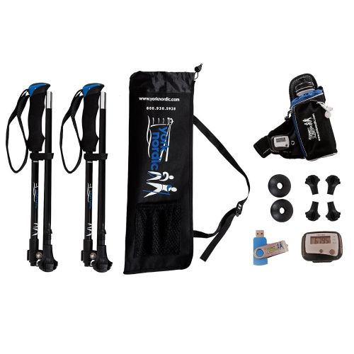  York Nordic 5 Piece Travel Walking Pole Gift Set - Folding Travel Poles, Training Videos, Water Bottle, Pedometer, Travel Bag, and Accessories