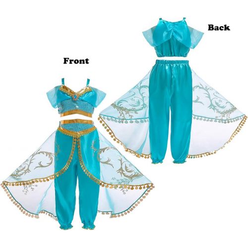  Yosbabe Princess Jasmine Costume for Girls Arabian Princess Jasmine Dress up Cosplay Costumes Halloween Party Fancy Dress for Kids