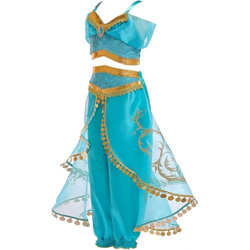  Yosbabe Princess Jasmine Costume for Girls Arabian Princess Jasmine Dress up Cosplay Costumes Halloween Party Fancy Dress for Kids