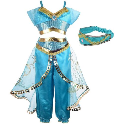  Yosbabe Princess Jasmine Costume for Girls Arabian Princess Jasmine Dress up Cosplay Costumes Halloween Party Fancy Dress for Kids