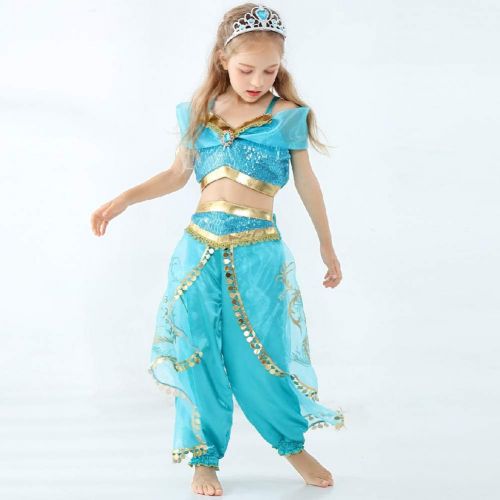  Yosbabe Princess Jasmine Costume for Girls Arabian Princess Jasmine Dress up Cosplay Costumes Halloween Party Fancy Dress for Kids