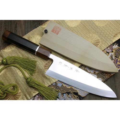  Yoshihiro Mizu Yaki Ginsanko Mirror-Finished High Carbon Stain Resistant Deba Fish Fillet Knife Ebony Handle with Silver Ring (7 (180mm))