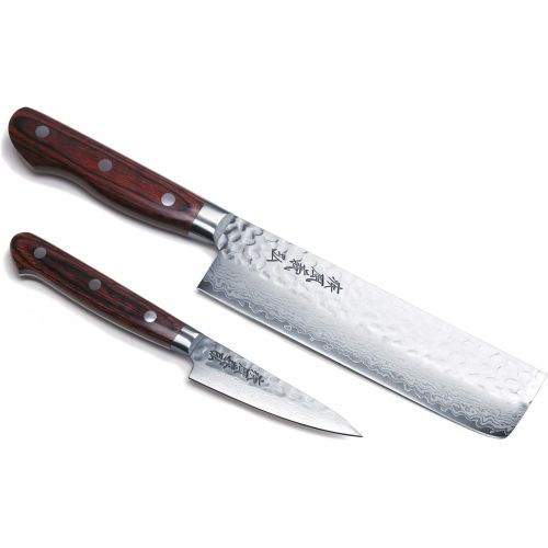  Yoshihiro VG-10 16 Layer Hammered Damascus Stainless Steel Nakiri and Paring Knife Set