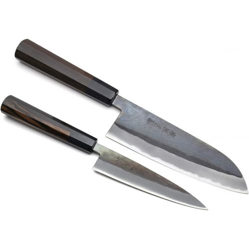  Yoshihiro Kurouchi Black-Forged Blue Steel Stainless Clad Santoku Chefs Knife and Petty Utility Knife (Santoku 165mm / Petty 135mm & No Saya)