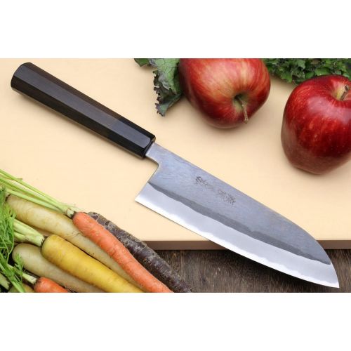  Yoshihiro Kurouchi Black-Forged Blue Steel Stainless Clad Santoku Chefs Knife and Petty Utility Knife (Santoku 165mm / Petty 135mm & No Saya)