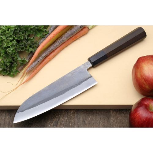  Yoshihiro Kurouchi Black-Forged Blue Steel Stainless Clad Santoku Chefs Knife and Petty Utility Knife (Santoku 165mm / Petty 135mm & No Saya)