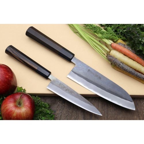  Yoshihiro Kurouchi Black-Forged Blue Steel Stainless Clad Santoku Chefs Knife and Petty Utility Knife (Santoku 165mm / Petty 135mm & No Saya)