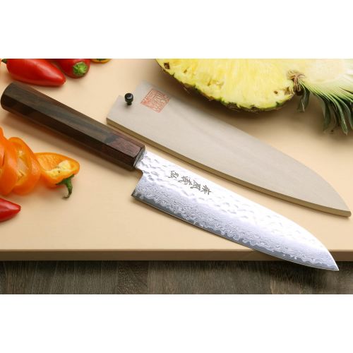  Yoshihiro NSW 46 Layers Hammered Damascus Santoku Japanese Multipurpose Chef Knife 7 IN with Natural Magnolia Saya Cover