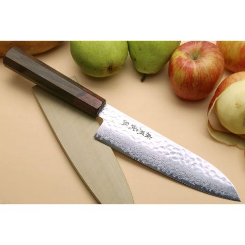  Yoshihiro NSW 46 Layers Hammered Damascus Santoku Japanese Multipurpose Chef Knife 7 IN with Natural Magnolia Saya Cover