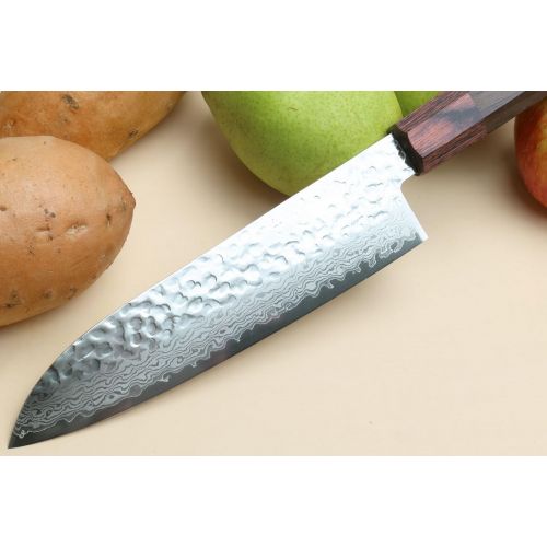  Yoshihiro NSW 46 Layers Hammered Damascus Santoku Japanese Multipurpose Chef Knife 7 IN with Natural Magnolia Saya Cover