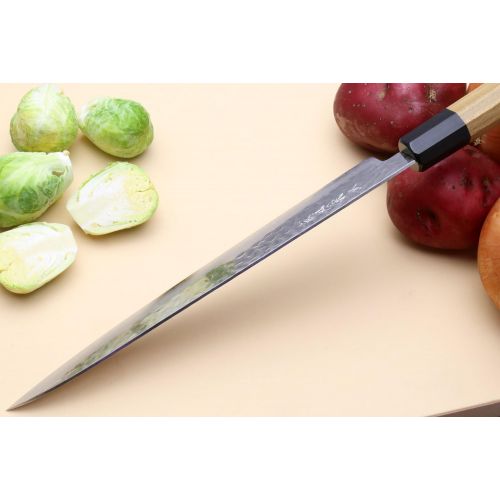  Yoshihiro VG-10 46 Layers Hammered Damascus Sujihiki Japanese Slicer Knife, 9.5inch (Octagonal Ambrosia Handle)