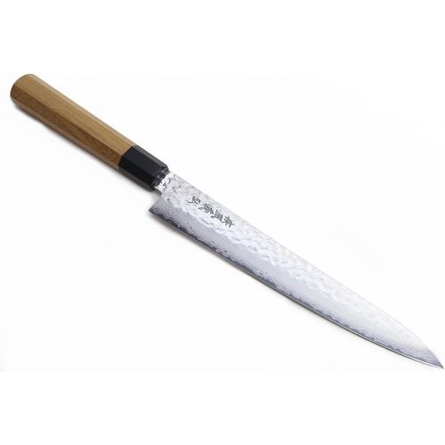  Yoshihiro VG-10 46 Layers Hammered Damascus Sujihiki Japanese Slicer Knife, 9.5inch (Octagonal Ambrosia Handle)