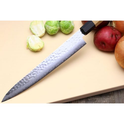  Yoshihiro VG-10 46 Layers Hammered Damascus Sujihiki Japanese Slicer Knife, 9.5inch (Octagonal Ambrosia Handle)