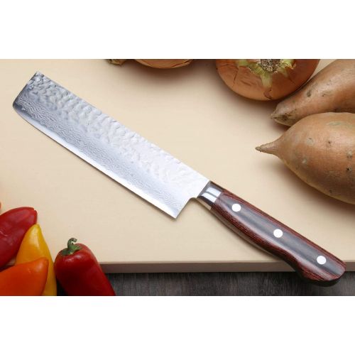  Yoshihiro VG-10 16 Layer Hammered Damascus Stainless Steel Nakiri Vegetable Knife (6.5 (165mm))