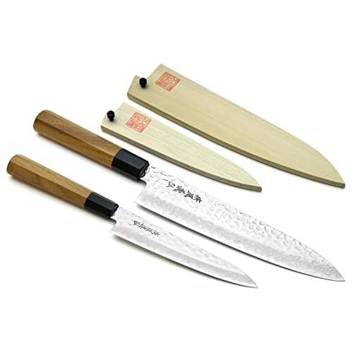  [아마존베스트]Yoshihiro 46 Layers Hammered Damascus Gyuto Chef Knife and Petty Utility Knife SET (Gyuto 8.25 (210mm) & Petty 6 (150mm), Ambrosia Handle)