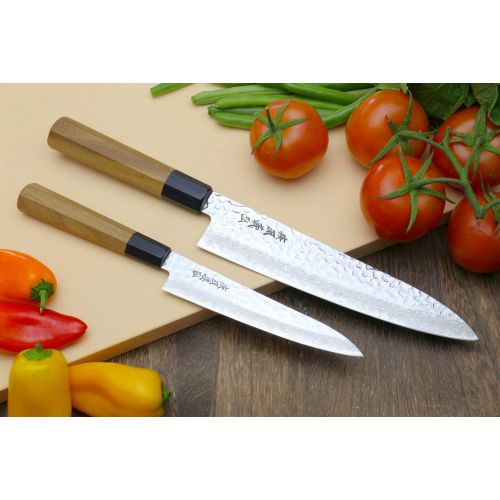  [아마존베스트]Yoshihiro 46 Layers Hammered Damascus Gyuto Chef Knife and Petty Utility Knife SET (Gyuto 8.25 (210mm) & Petty 6 (150mm), Ambrosia Handle)