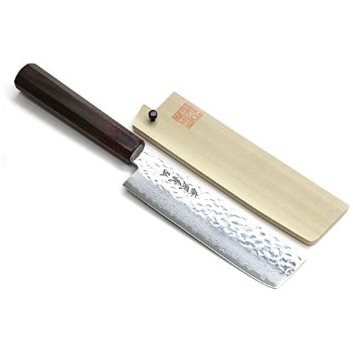  [아마존베스트]Yoshihiro NSW 46 Layers Hammered Damascus Usuba Vegetable Chef knife 6.3 IN (160mm) Shitan Rosewood Handle with Saya Cover