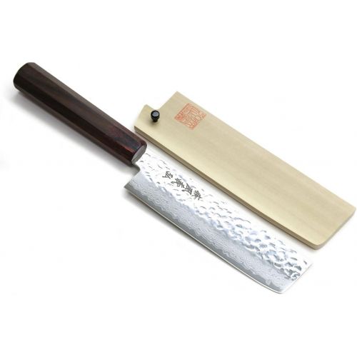  [아마존베스트]Yoshihiro NSW 46 Layers Hammered Damascus Usuba Vegetable Chef knife 6.3 IN (160mm) Shitan Rosewood Handle with Saya Cover