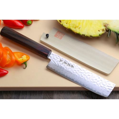  [아마존베스트]Yoshihiro NSW 46 Layers Hammered Damascus Usuba Vegetable Chef knife 6.3 IN (160mm) Shitan Rosewood Handle with Saya Cover