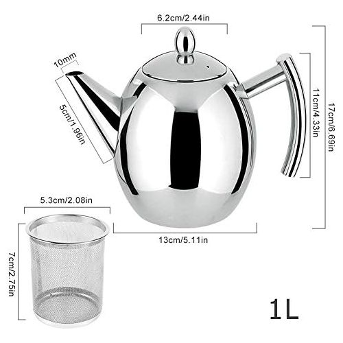  [아마존베스트]Yosoo Teapot Silver Coffee Pot Stainless Steel with Filter Egg Large Capacity 1 L Silver/Black