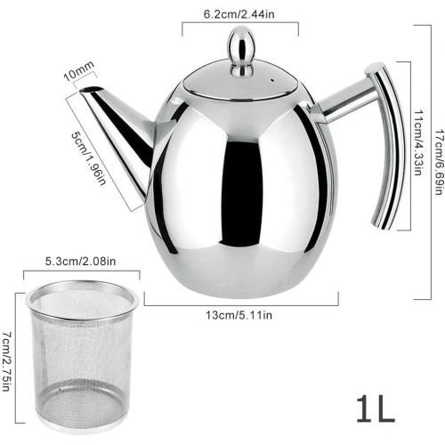  [아마존베스트]Yosoo Teapot Silver Coffee Pot Stainless Steel with Filter Egg Large Capacity 1 L Silver/Black