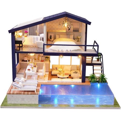  Yosoo DIY Miniature Dollhouse Kit,Green House with Furniture and LED,Wooden Dollhouse Kit,Best Decorative Ornament for Kid Child(with Dustcover)