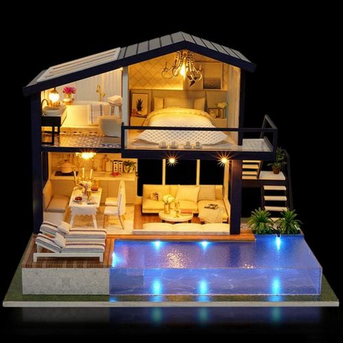  Yosoo DIY Miniature Dollhouse Kit,Green House with Furniture and LED,Wooden Dollhouse Kit,Best Decorative Ornament for Kid Child(with Dustcover)