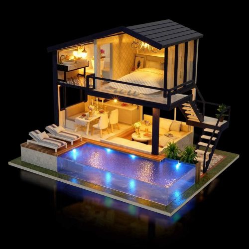  Yosoo DIY Miniature Dollhouse Kit,Green House with Furniture and LED,Wooden Dollhouse Kit,Best Decorative Ornament for Kid Child(with Dustcover)