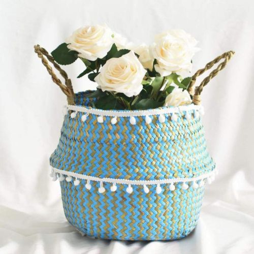  Youeneom--Patio,Lawn ,Garden Woven Seagrass Basket Tassel Belly Plant Basket Big Natural Flower Pot Cover Foldable Storage for Toys,Laundry,Picnic,Home Decoration Beach Bag Plant Pots Cover Indoor Decorative (