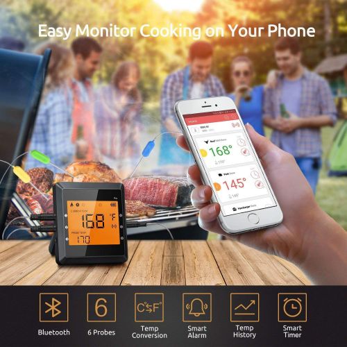  Youghalwell Bluetooth Meat Thermometer, Instant Read Cooking Thermometer with 6 Probes, APP WIFI Remote, Alarm Monitor for Cooking Smoker BBQ Kitchen Oven, Support IOS & Android