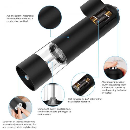  YoungRich 2er Elektrische LED Pfeffermuehle Edelstahl Gewuerzmuehle Salzmuehle Keramik-Mahlwerk Einstellbar Batteriebetriebene fuer Pfeffer Baysalt Kreuzkuemmel Zuhause Restaurant Schwar