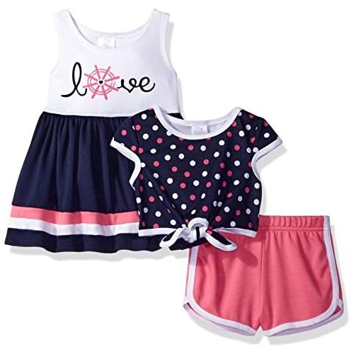  Youngland Baby Girls 3 Pc Set, Dress, Polka Dot Pop-Over Top, Knit Short