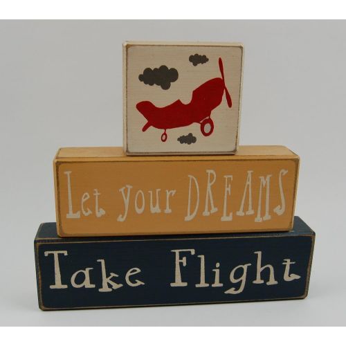  Let Your Dreams Take Flight - Primitive Country Wood Stacking Sign Blocks Airplane Home Decor- Birthday-Nursery Room-Baby shower