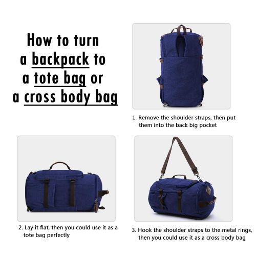  Backpacks for Men, Yousu Mens Canvas Backpack Vintage Large Capacity Duffel Bookbag Outdoor Traveling Multi Functional Rucksack Daypack 3-In-1 Blue