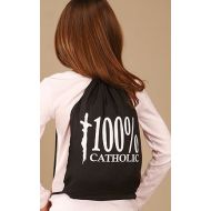Youth 100% Catholic w Christ on Cross Drawstring School Church Backpack Tote Bag