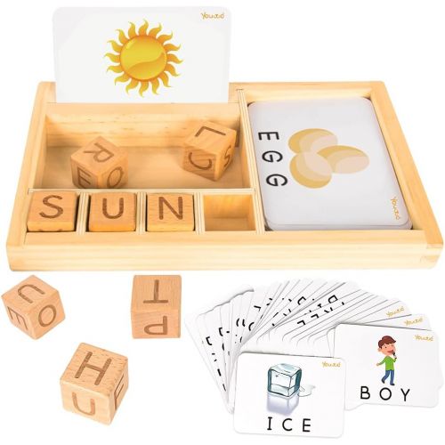  Youwo Matching Letter Flash Cards, Preschool Alphabet Puzzles, Montessori ABC Wooden Letters Learning Activities, Kids Spelling Words Games, Educational Toys for 3 Year Old