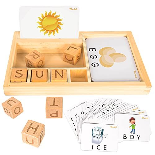  Youwo YO!Wow Matching Letter Flash Cards - Educational Toys ABC Wooden Letters Spelling Learning Games Develops Alphabet Words Preschool Puzzles Games for 3 Year Olds Toddlers (Style 2)