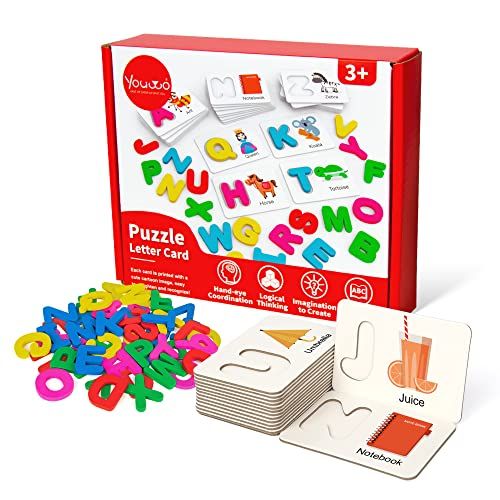  [아마존베스트]Youwo Puzzle Letter Card Alphabet Flash Cards Wooden Letters Jigsaw Toddler ABC Learning Color Recognition Educational Toys Age 2 and up Toddler Learning Activities.