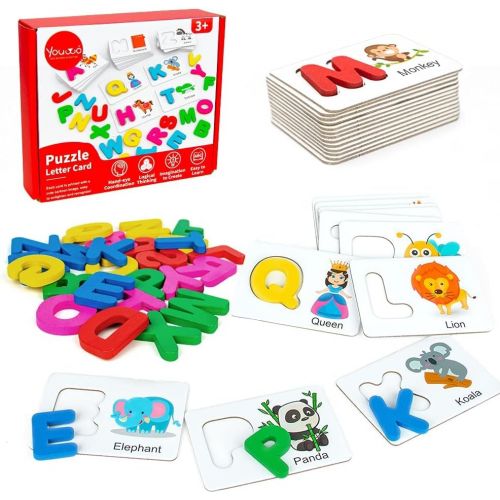  [아마존베스트]Youwo Puzzle Letter Card Alphabet Flash Cards Wooden Letters Jigsaw Toddler ABC Learning Color Recognition Educational Toys Age 2 and up Toddler Learning Activities.