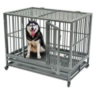 Yscharm 42 Inch Heavy Duty Dog Cage, Portable Strong Metal Kennel and Crate for Medium and Large Dogs, Double Door Folding Pet Playpen with Tray, Lockable Wheels,Easy to Install