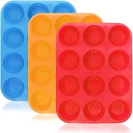 [아마존베스트]12-Cup Silicone Muffin & Cupcake Baking Pan, YuCool 3 Pack Silicone Molds for Muffin Tins, Cakes Microwave Oven Safe (Orange, Red, Blue)