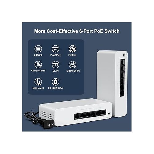  【2024 New Released】 6 Port PoE Switch, 4 PoE+ Ethernet Port 100Mbps, 55W 802.3af/at, Extend 250m, Fanless, Yuanley Unmanaged Network Switch Compatible for Hikvision, Reolink, Amcrest Security Camera